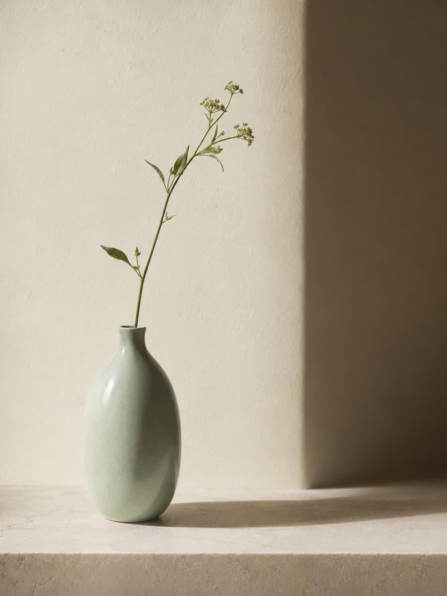 A pale ceramic vessel holding a single green stem, in soft daylight